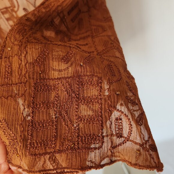 Chico's Silk Embroidered Beaded Blouse Long Sleeve Sheer Chiffon Brown - Picture 7 of 11
